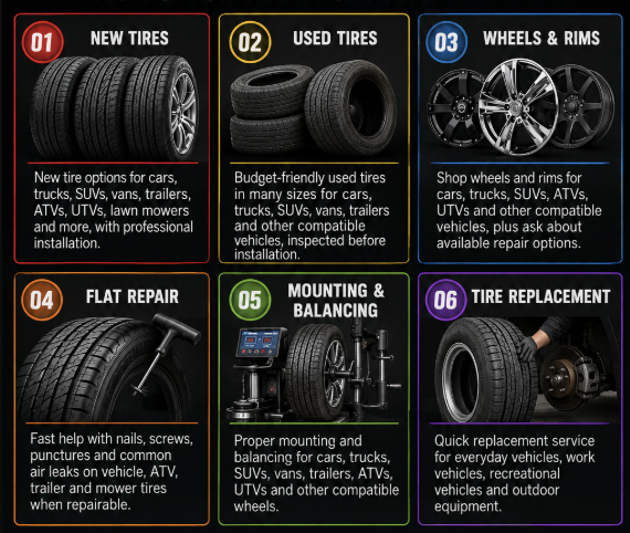 Products and services: new tires, used tires, wheels and rims, flat repair, mounting and balancing, tire replacement