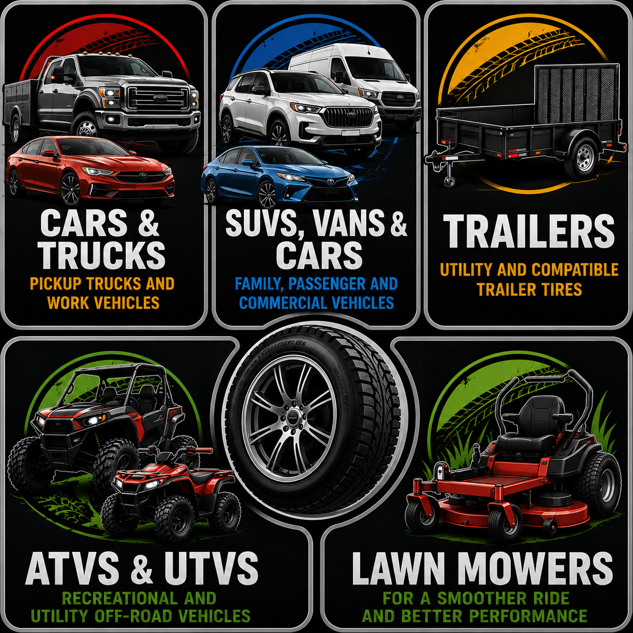 Tires for trucks, SUVs and vans, trailers, ATVs and UTVs, and lawn mowers — new and used, cars, trucks, SUVs, vans, trailers, ATVs, UTVs, lawn mowers